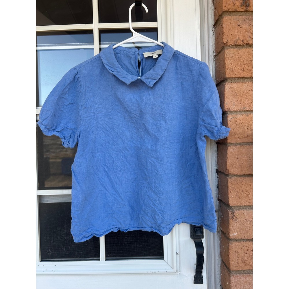 Sauths Blue 100% Linen Short Sleeve Peter Pan Collar Blouse Top M Lagenlook